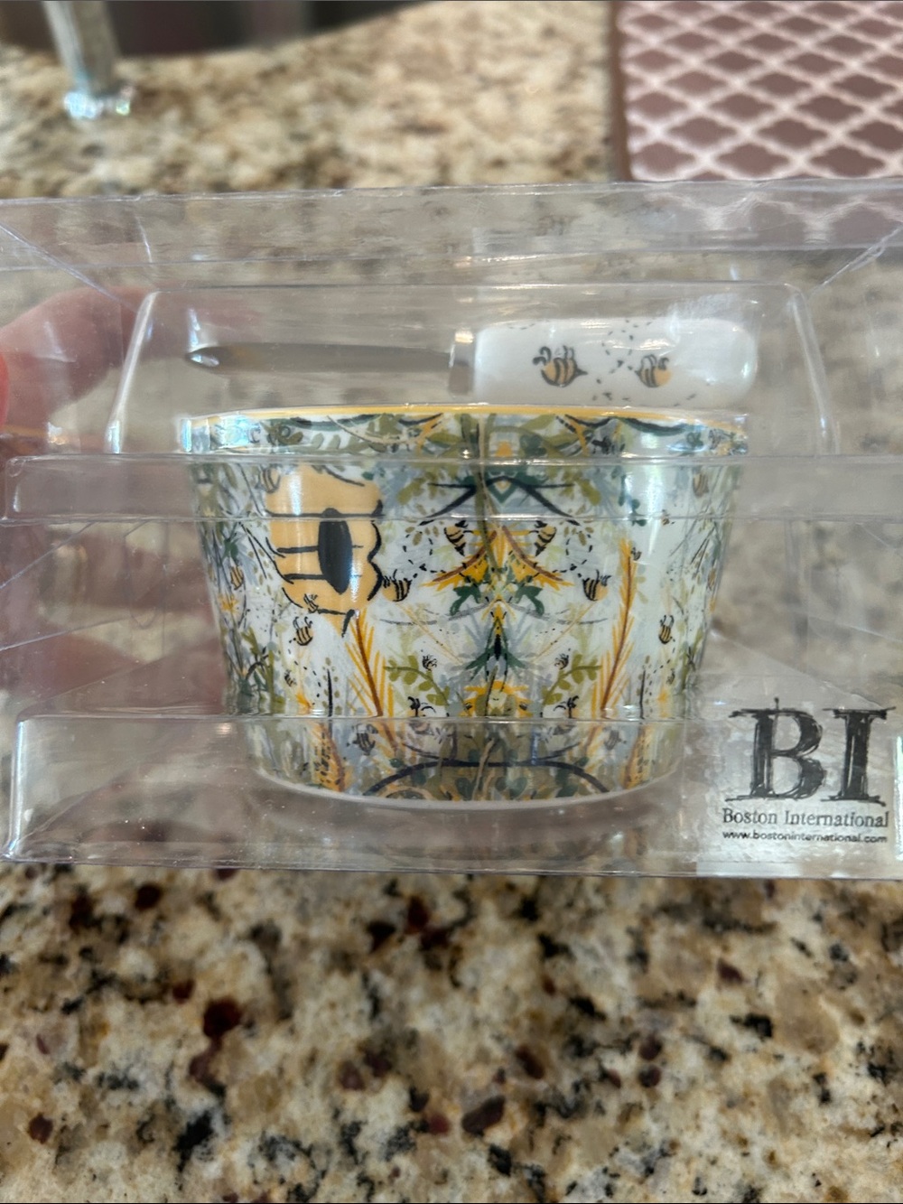 Boston International Floral Bee Ceramic Ramekin with spreader.